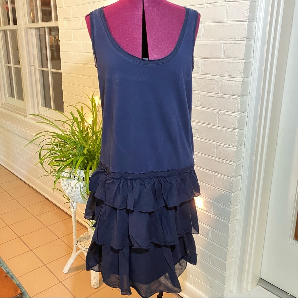 J. Crew Navy Tiered Ruffle Midi Dress Cotton Medium